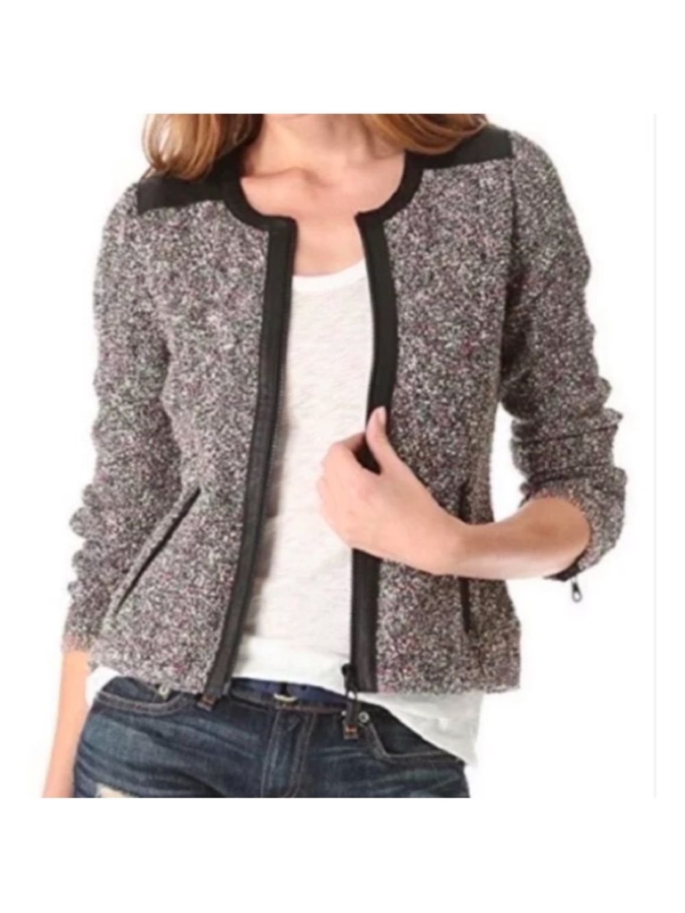 Rag & Bone Lory Tweed Lamb Leather Trim Pockets Zipper Jacket Classic Timeless
